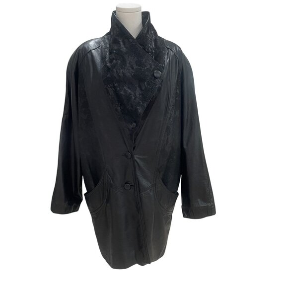 Vintage Black Leather Oversized Jacket Exotic Korea Moto Streetwear Baddie XL - Picture 7 of 16